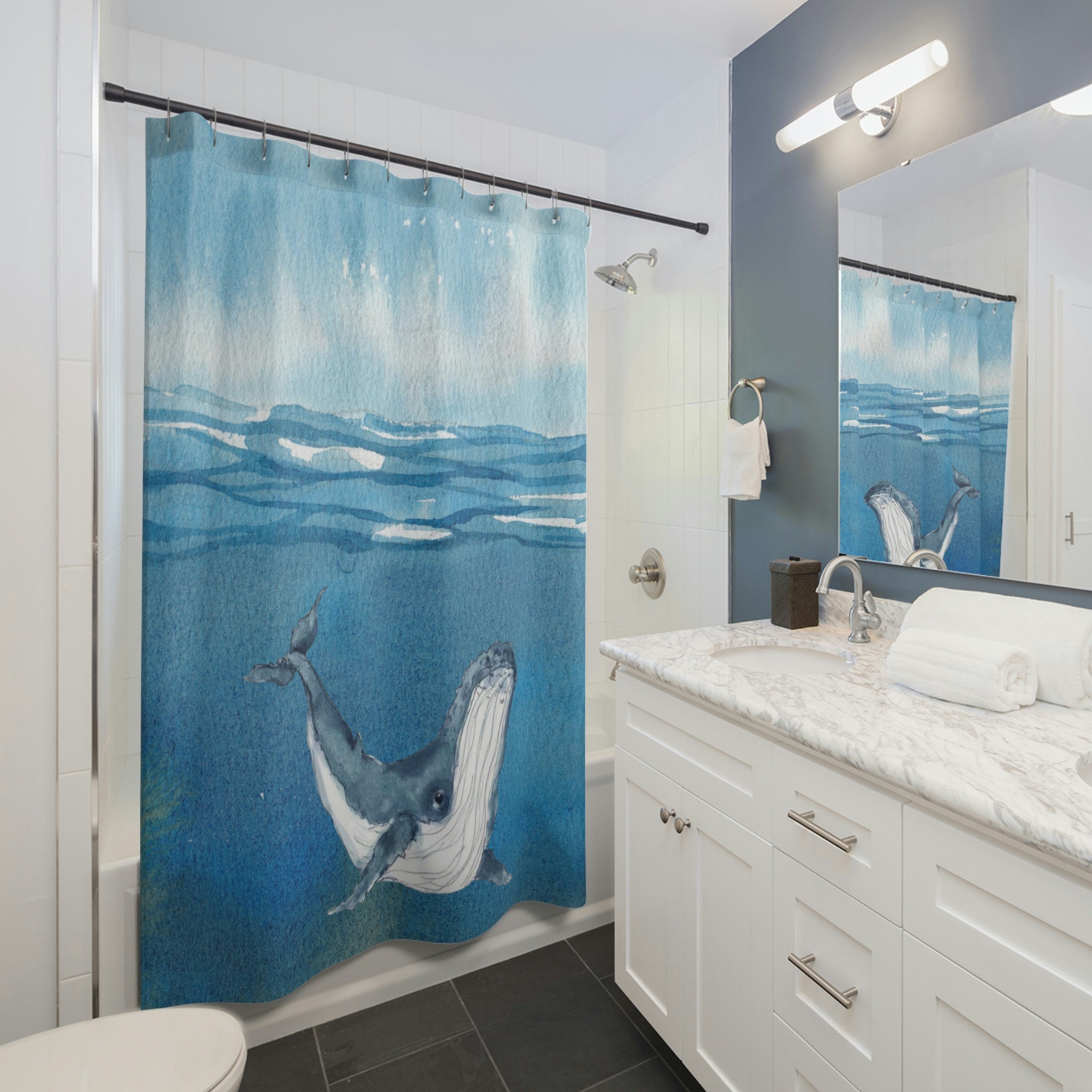 Whale Shower Curtain with Waterproof Fabric for Easy Maintenance