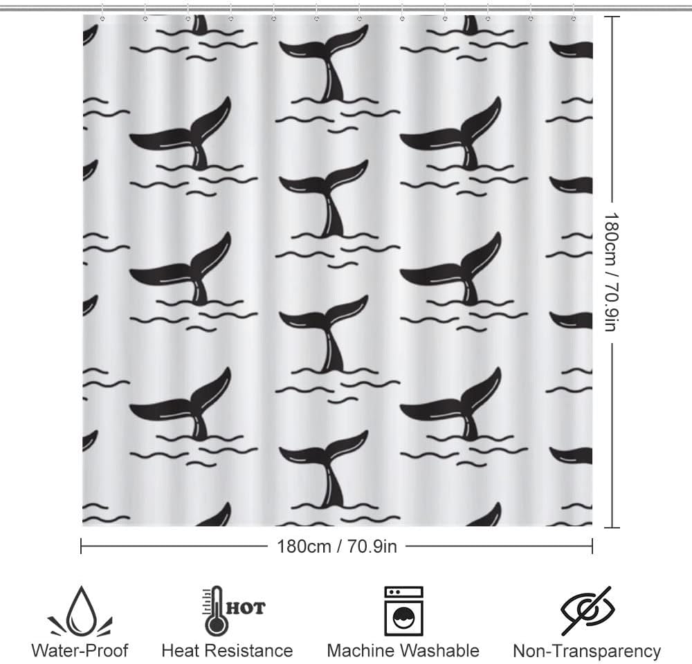 Whale Tail Fin Shark Attack Shower Curtain, Waterproof Bathroom Decor by Vantaso