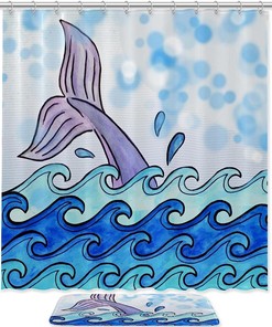 Whale Tail Print Shower Curtain Waterproof Fabric for Fantasy Themed Bathroom Decoration