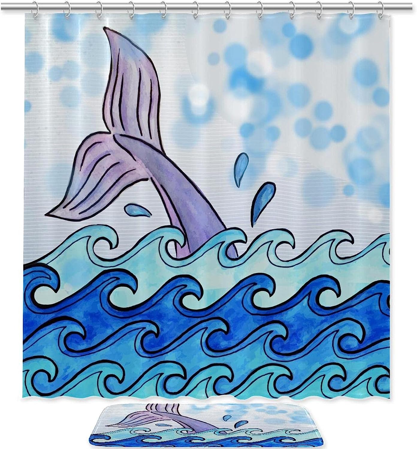 Whale Tail Print Shower Curtain Waterproof Fabric for Fantasy Themed Bathroom Decoration