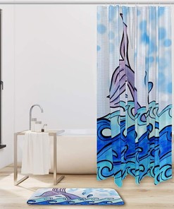 Whale Tail Print Shower Curtain Waterproof Fabric for Fantasy Themed Bathroom Decoration