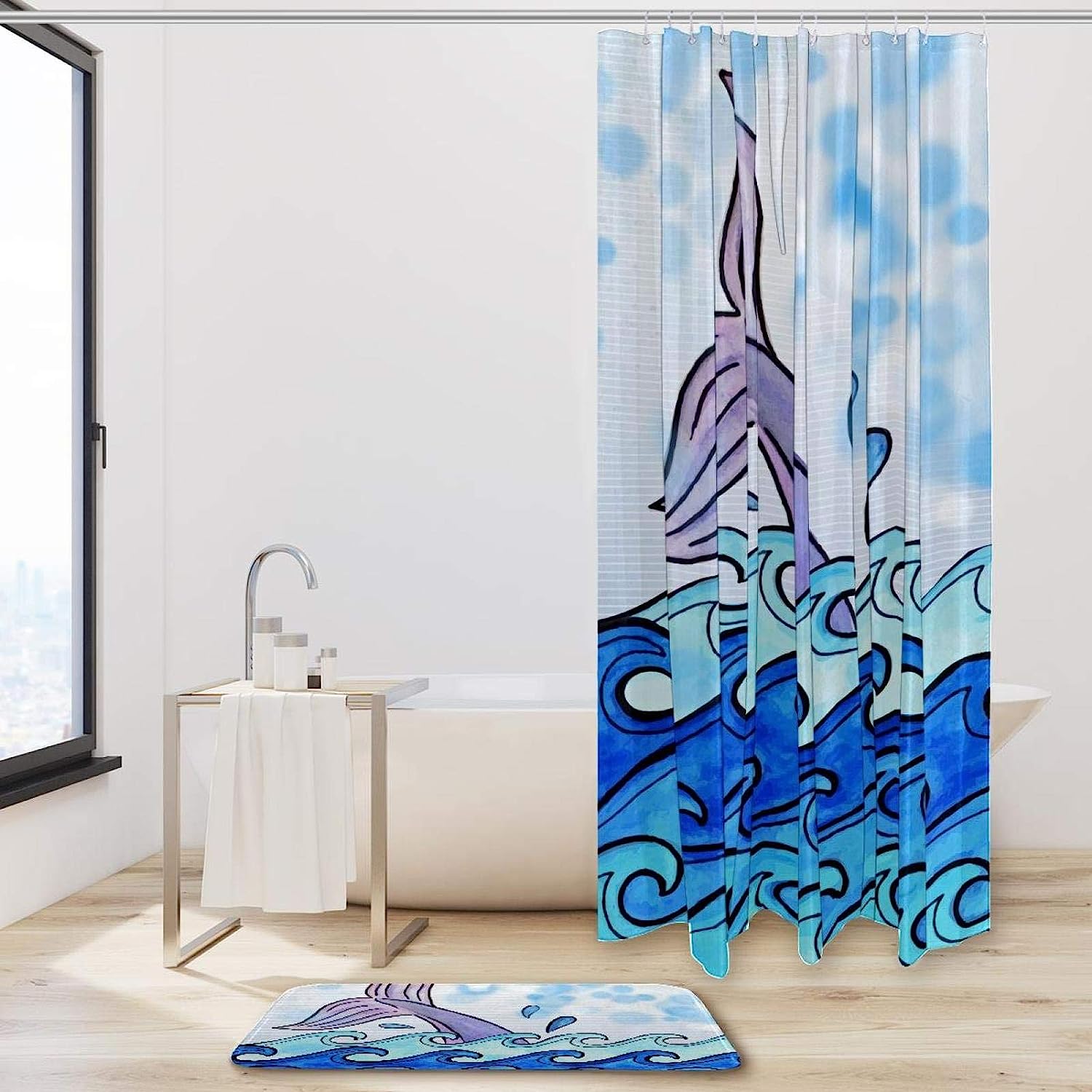 Whale Tail Print Shower Curtain Waterproof Fabric for Fantasy Themed Bathroom Decoration