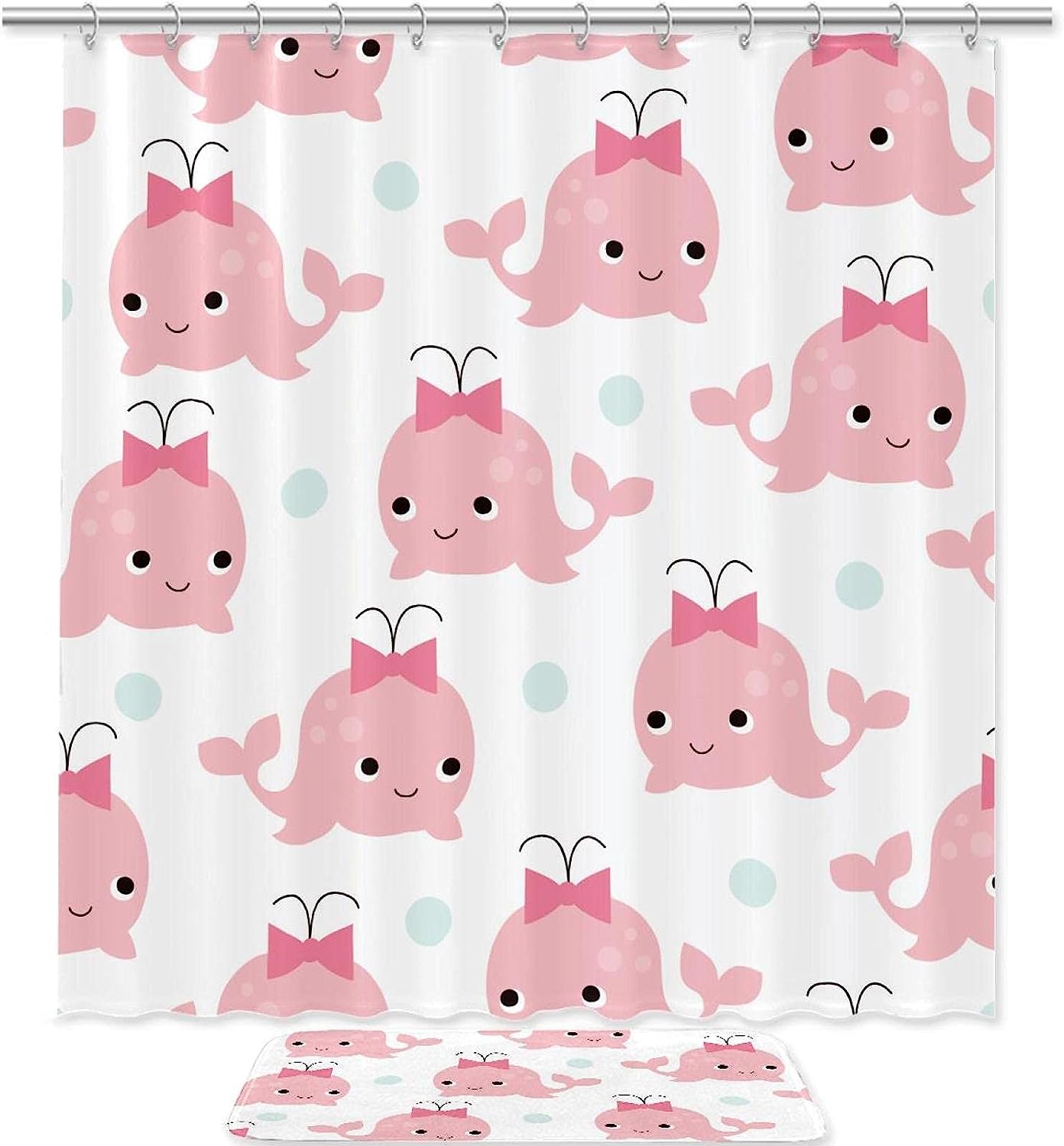 Whale White Travel Shower Curtain With Microfiber Accents, Machine Washable