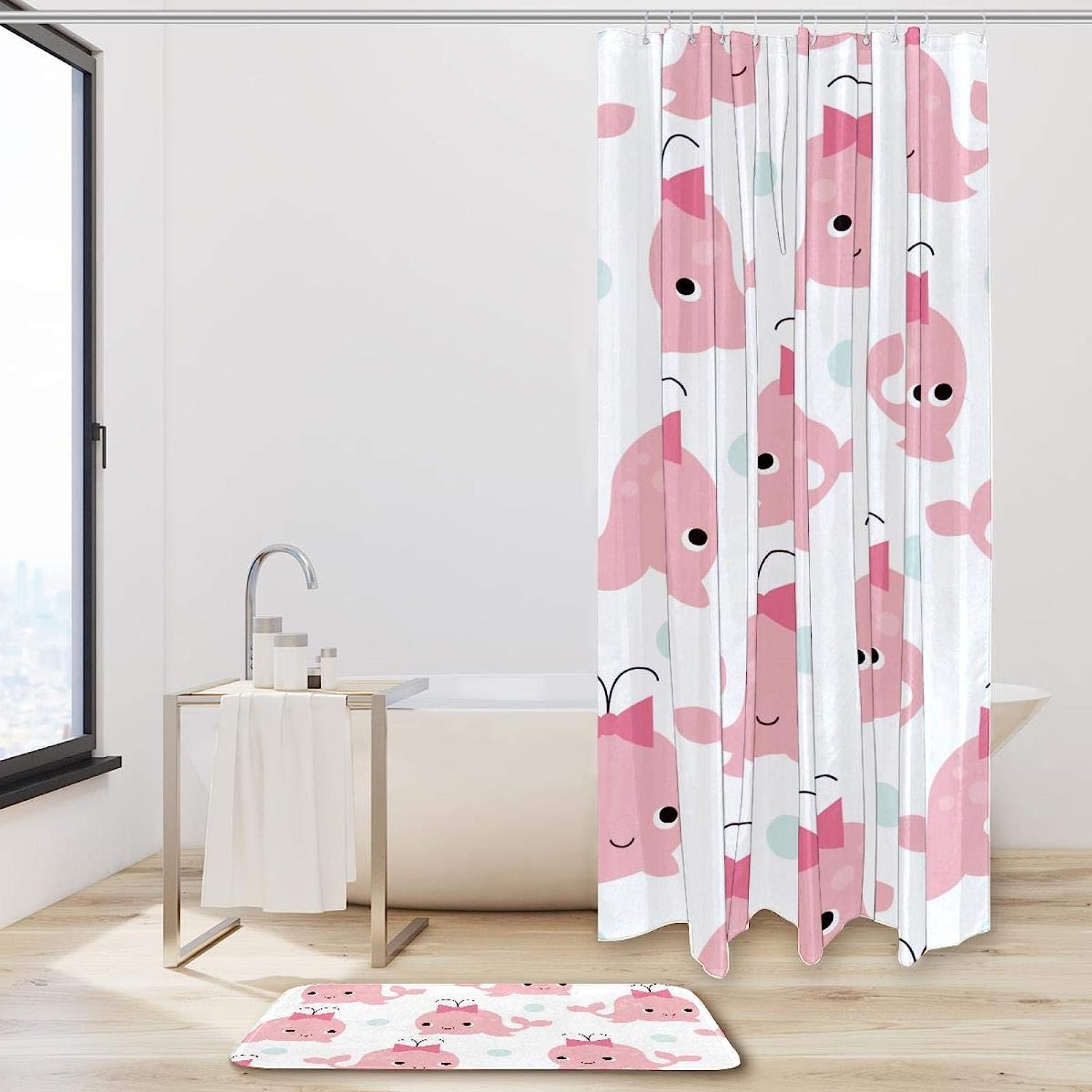 Whale White Travel Shower Curtain With Microfiber Accents, Machine Washable - Image 2