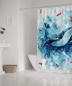 Whale and Fish Watercolor Print Shower Curtain, Waterproof Fabric