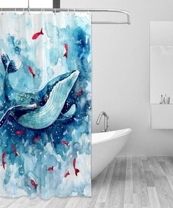 Whale and Fish Watercolor Print Shower Curtain, Waterproof Fabric