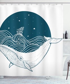 Whale and Stars Old Ship Ocean Print Shower Curtain for Bathroom