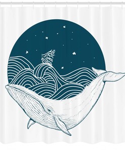 Whale and Stars Old Ship Ocean Print Shower Curtain for Bathroom