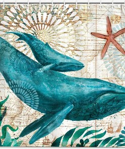 Whale in Ocean Watercolor Print Shower Curtain for Bathroom Decor
