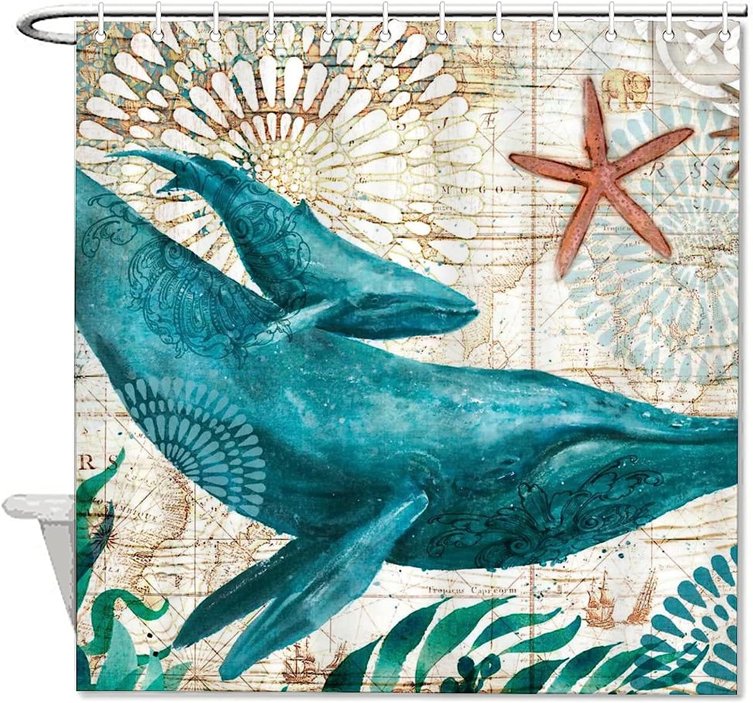 Whale in Ocean Watercolor Print Shower Curtain for Bathroom Decor