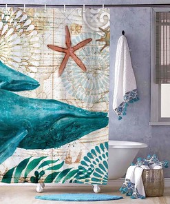 Whale in Ocean Watercolor Print Shower Curtain for Bathroom Decor