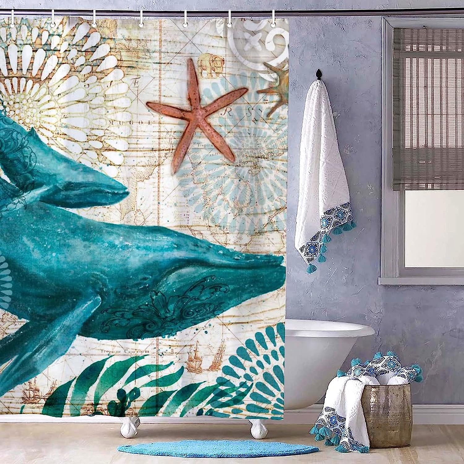 Whale in Ocean Watercolor Print Shower Curtain for Bathroom Decor