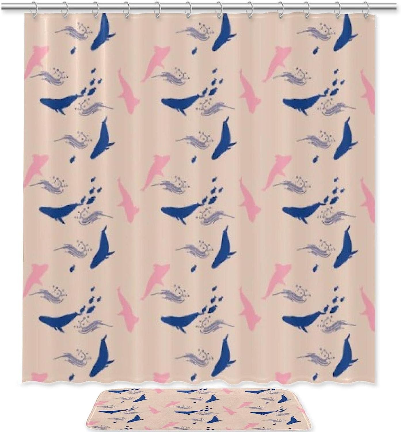 Whales And Dolphins Print Shower Curtain For Bathroom Tub Set