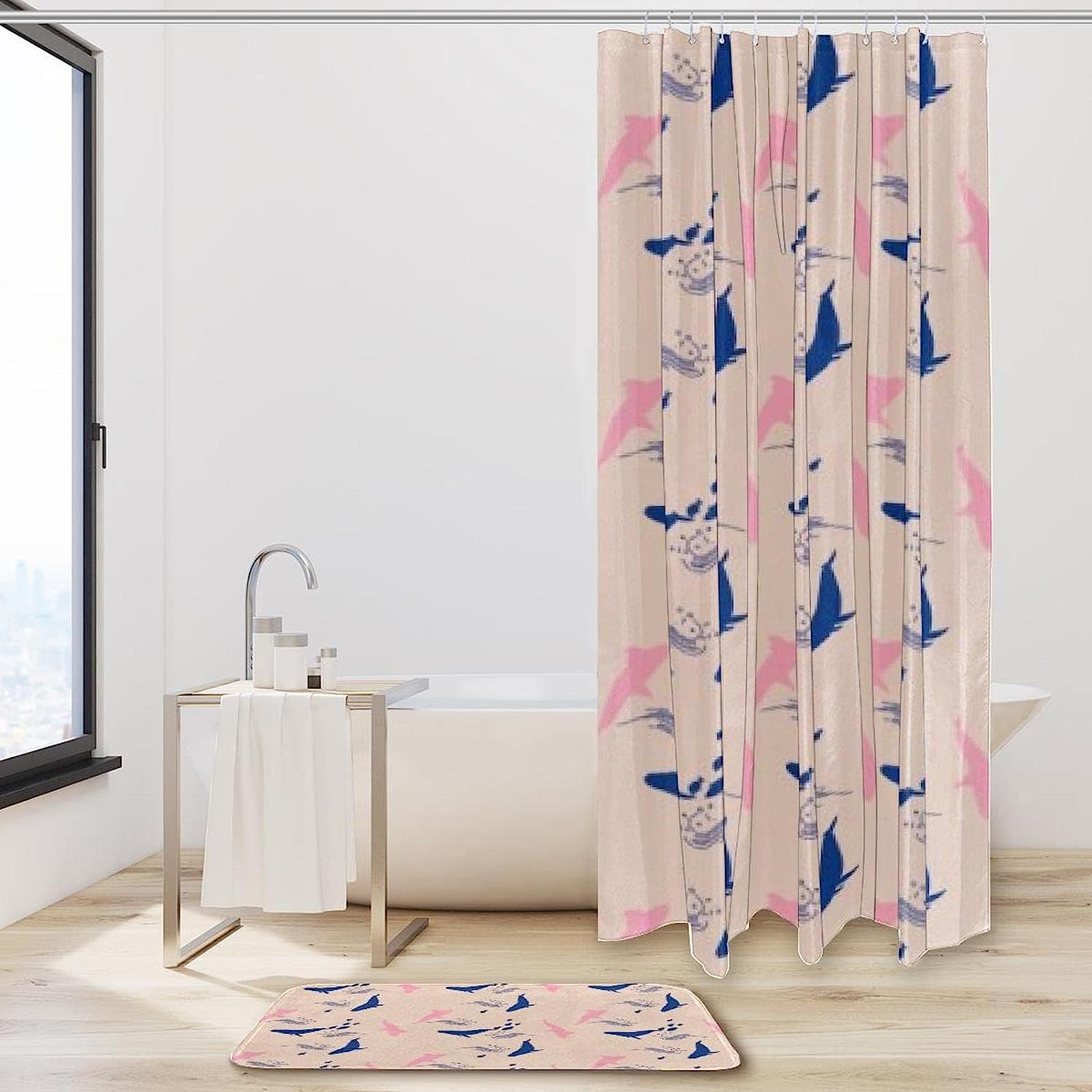 Whales And Dolphins Print Shower Curtain For Bathroom Tub Set - Image 2