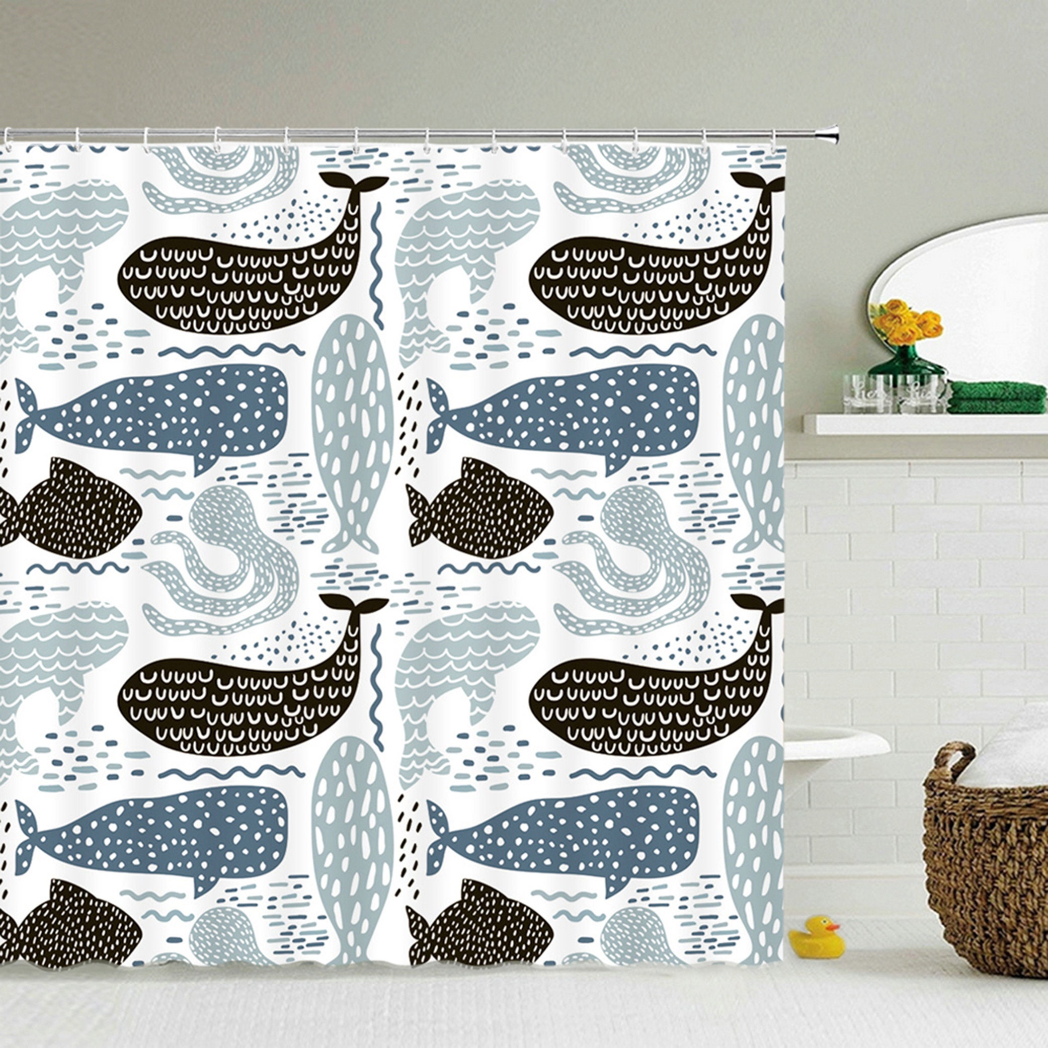 Whales Octopus Shower Curtain with Underwater Marine Mammal Graphic for a Modern and Chic Bathroom