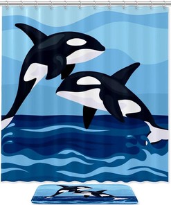 Whales Sea Blue Bathroom Accessories Set With Waterproof Fabric Shower Curtain And Mat