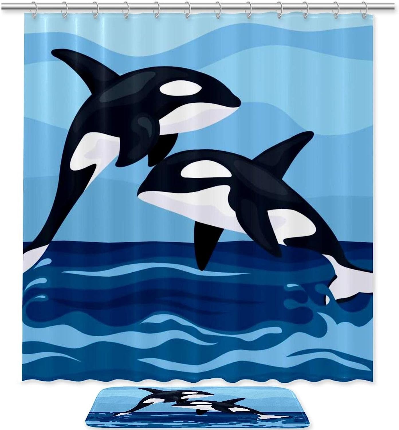Whales Sea Blue Bathroom Accessories Set With Waterproof Fabric Shower Curtain And Mat