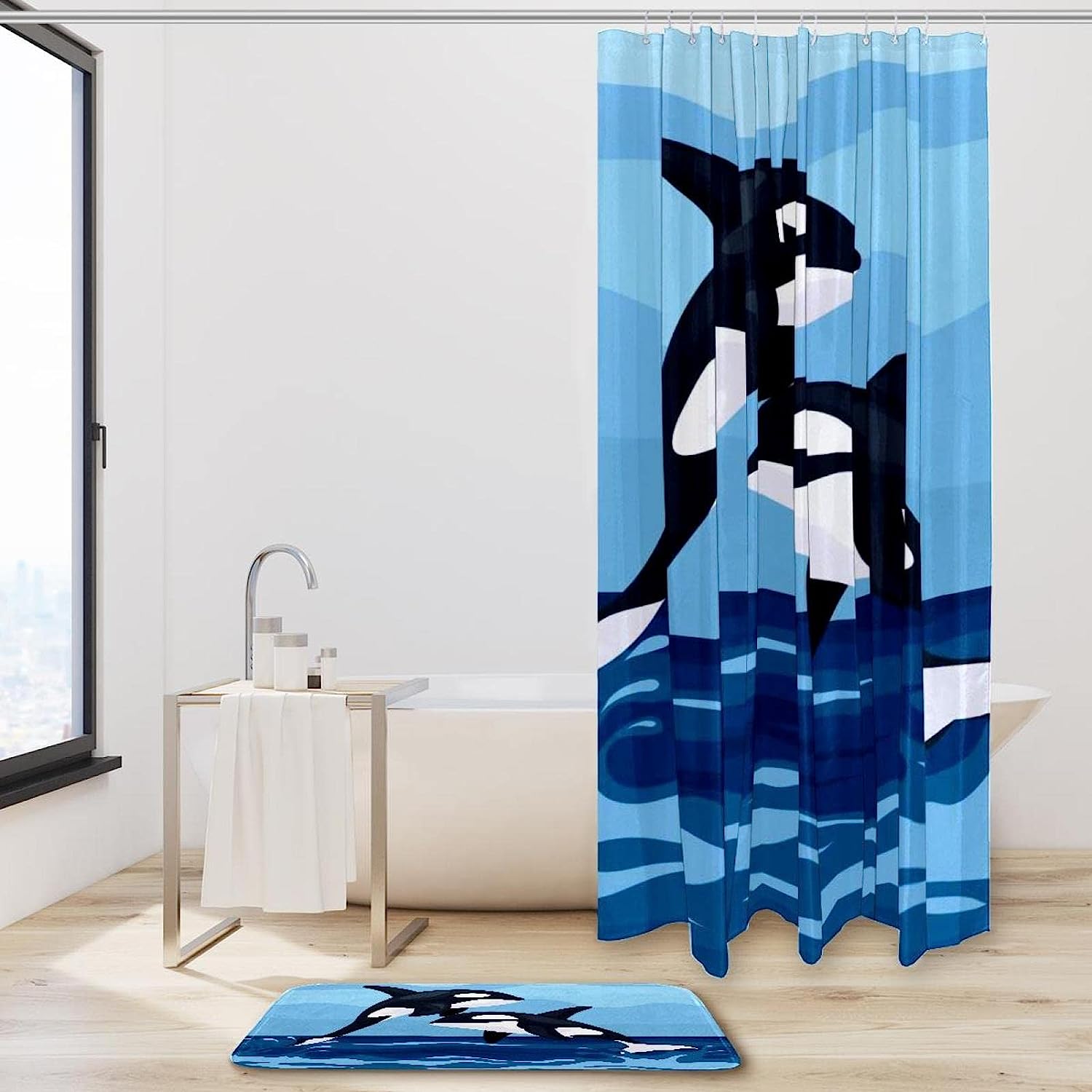 Whales Sea Blue Bathroom Accessories Set With Waterproof Fabric Shower Curtain And Mat - Image 2