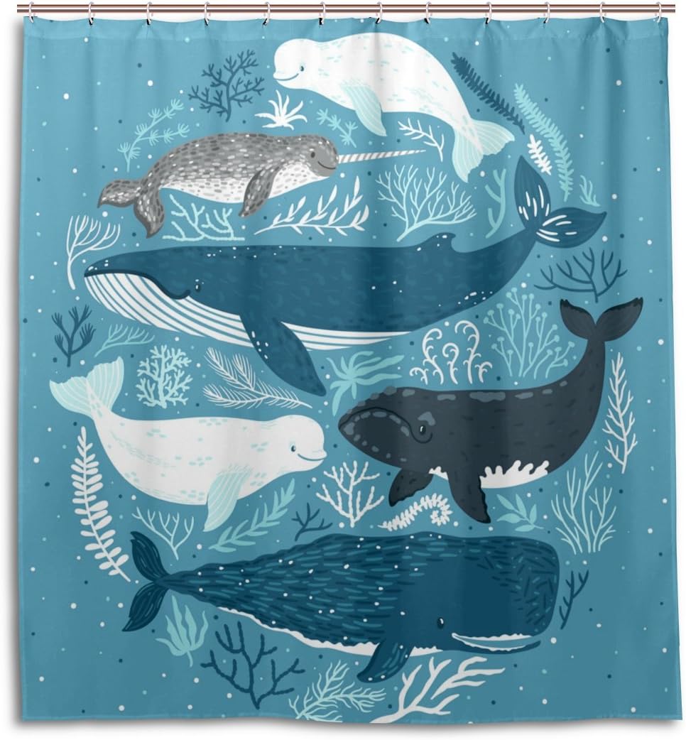 Whales Sea Coral Decorative Shower Curtain, Waterproof Fabric
