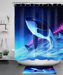 Whales Starry Night Pink City Buildings Waterproof Fabric Shower Curtain for a Dreamy Bathroom Decor 