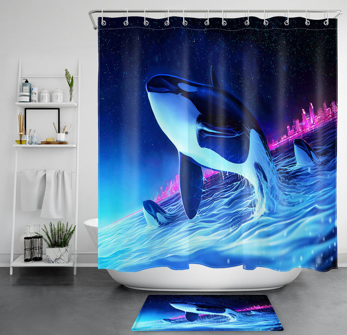 Whales Starry Night Pink City Buildings Waterproof Fabric Shower Curtain for a Dreamy Bathroom Decor