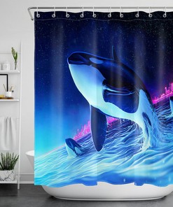 Whales Starry Night Pink City Buildings Waterproof Fabric Shower Curtain for a Dreamy Bathroom Decor