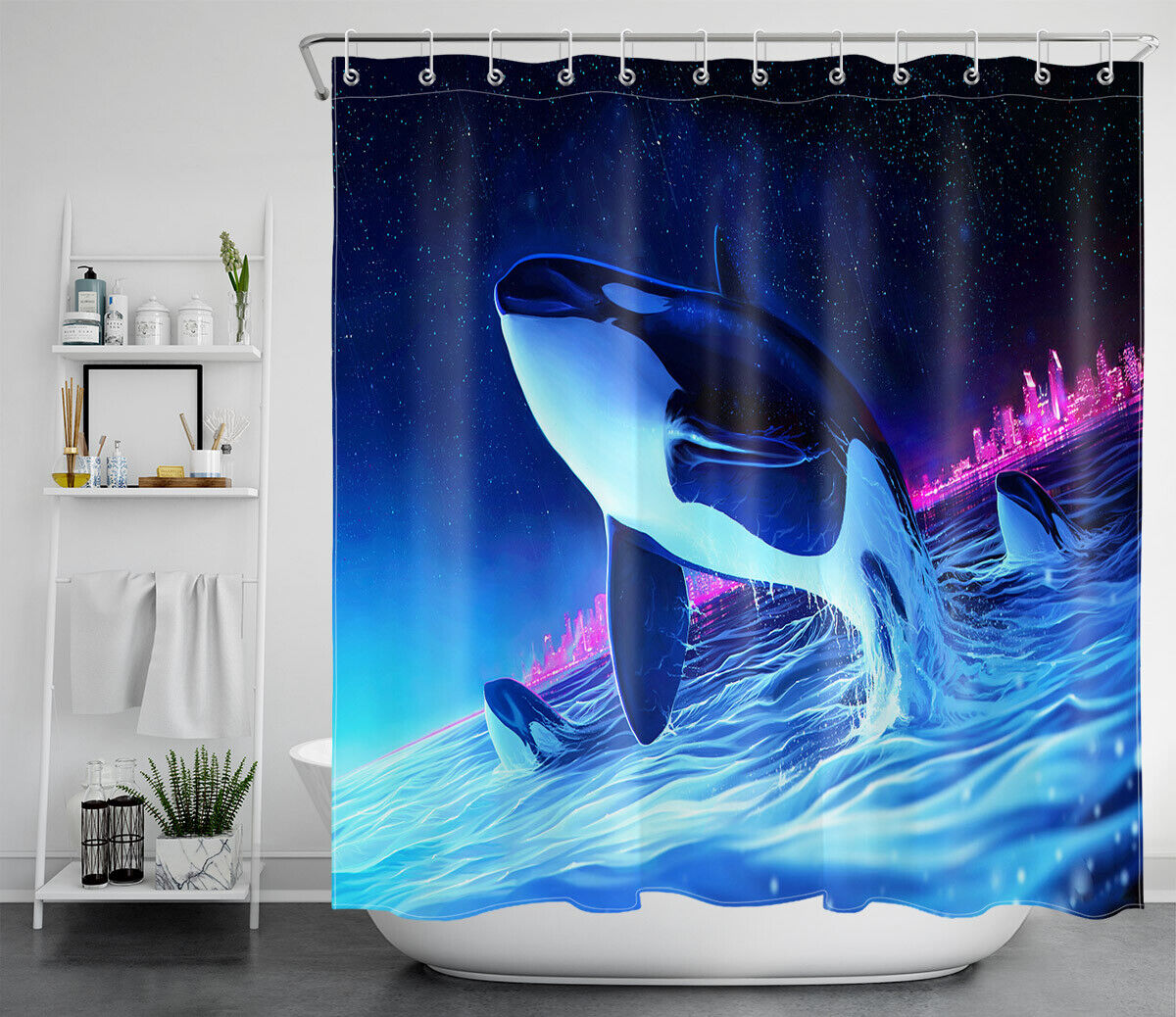 Whales Starry Night Pink City Buildings Waterproof Fabric Shower Curtain for a Dreamy Bathroom Decor