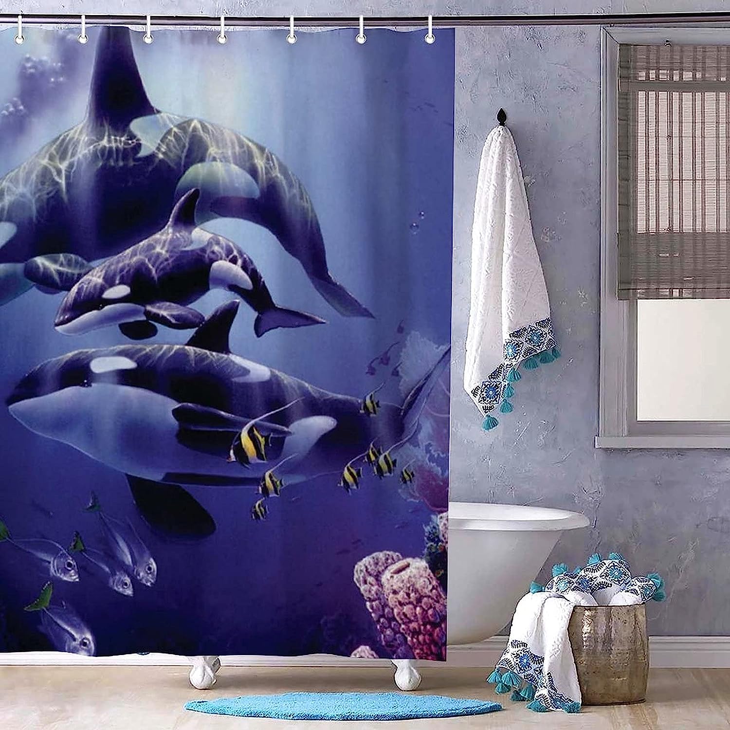 Whales Theme Watercolor Print Shower Curtain for Bathroom Decor