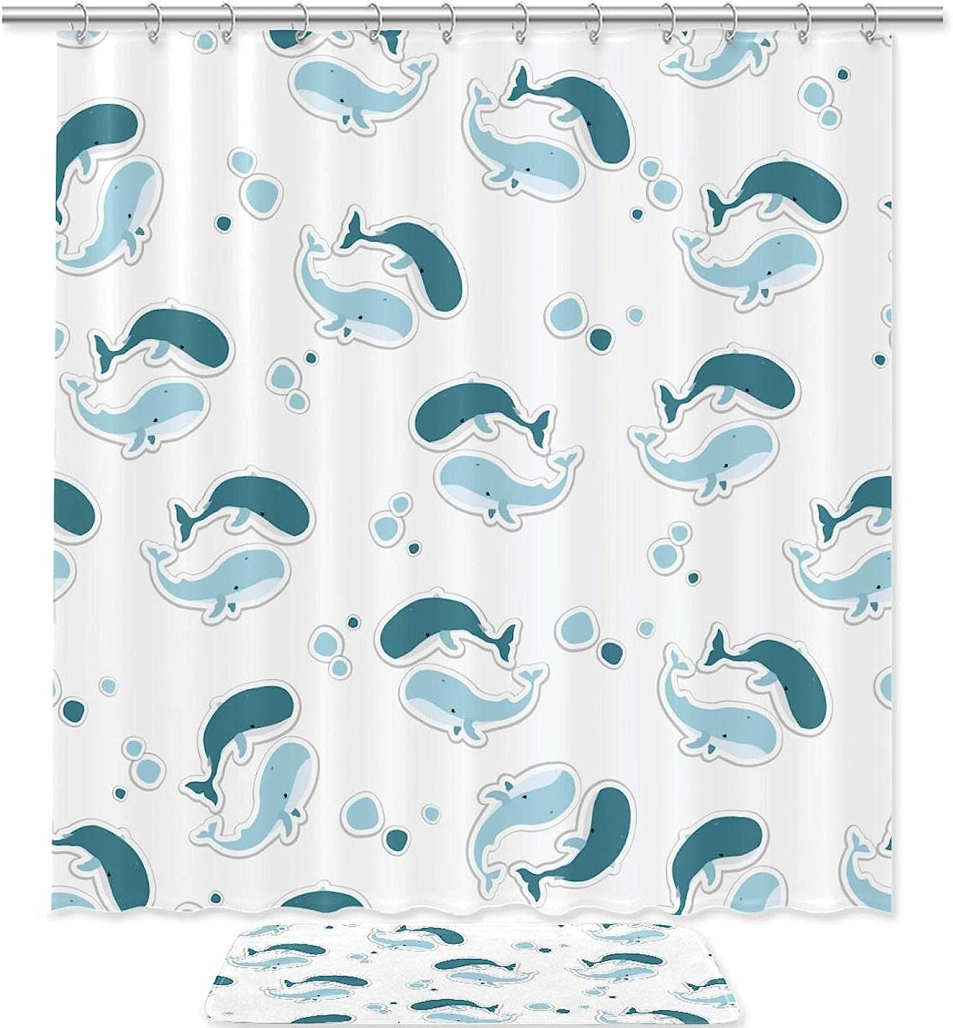 Whales White Unique Shower Curtain With Microfiber Accents, Machine Washable