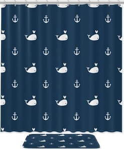 Whales and Anchors Pattern Shower Curtain with Waterproof Fabric for Nautical Bathroom Decor 