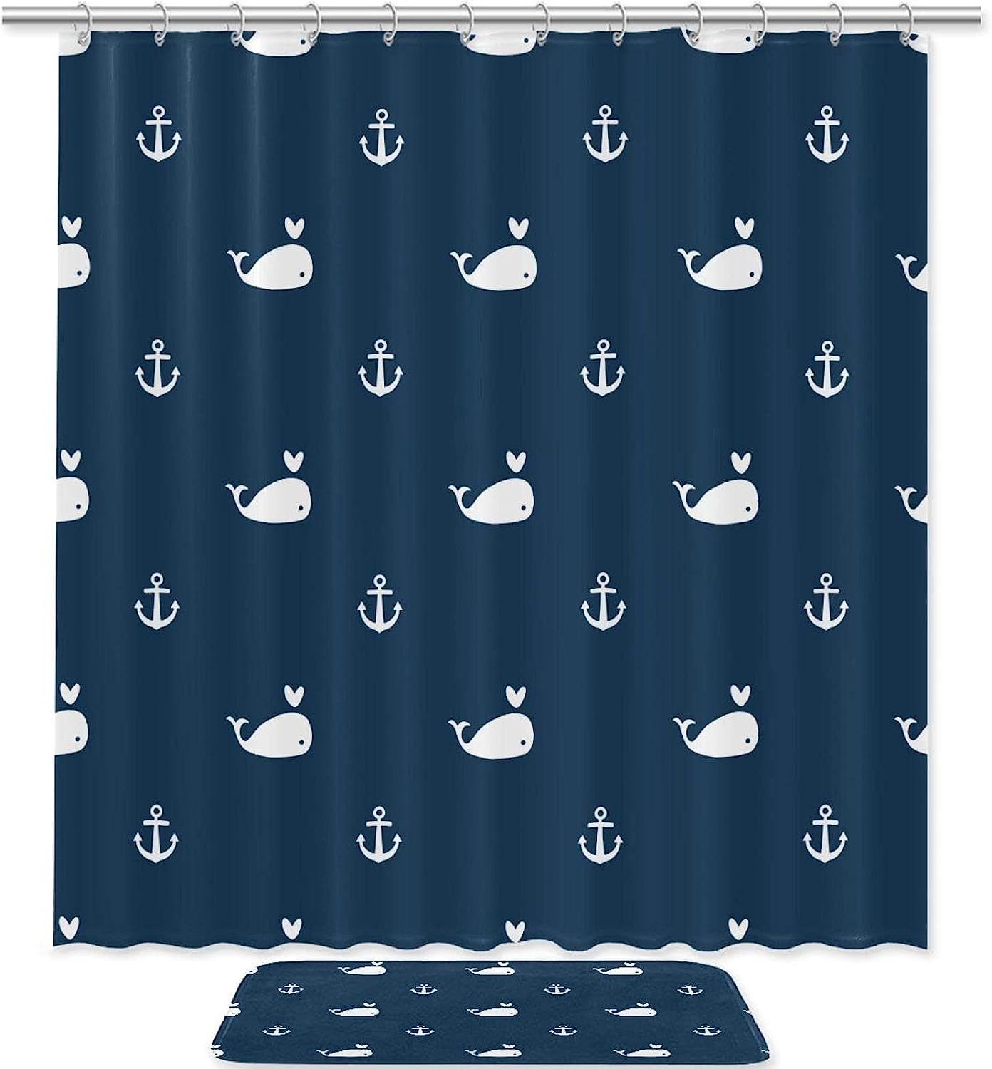 Whales and Anchors Pattern Shower Curtain with Waterproof Fabric for Nautical Bathroom Decor