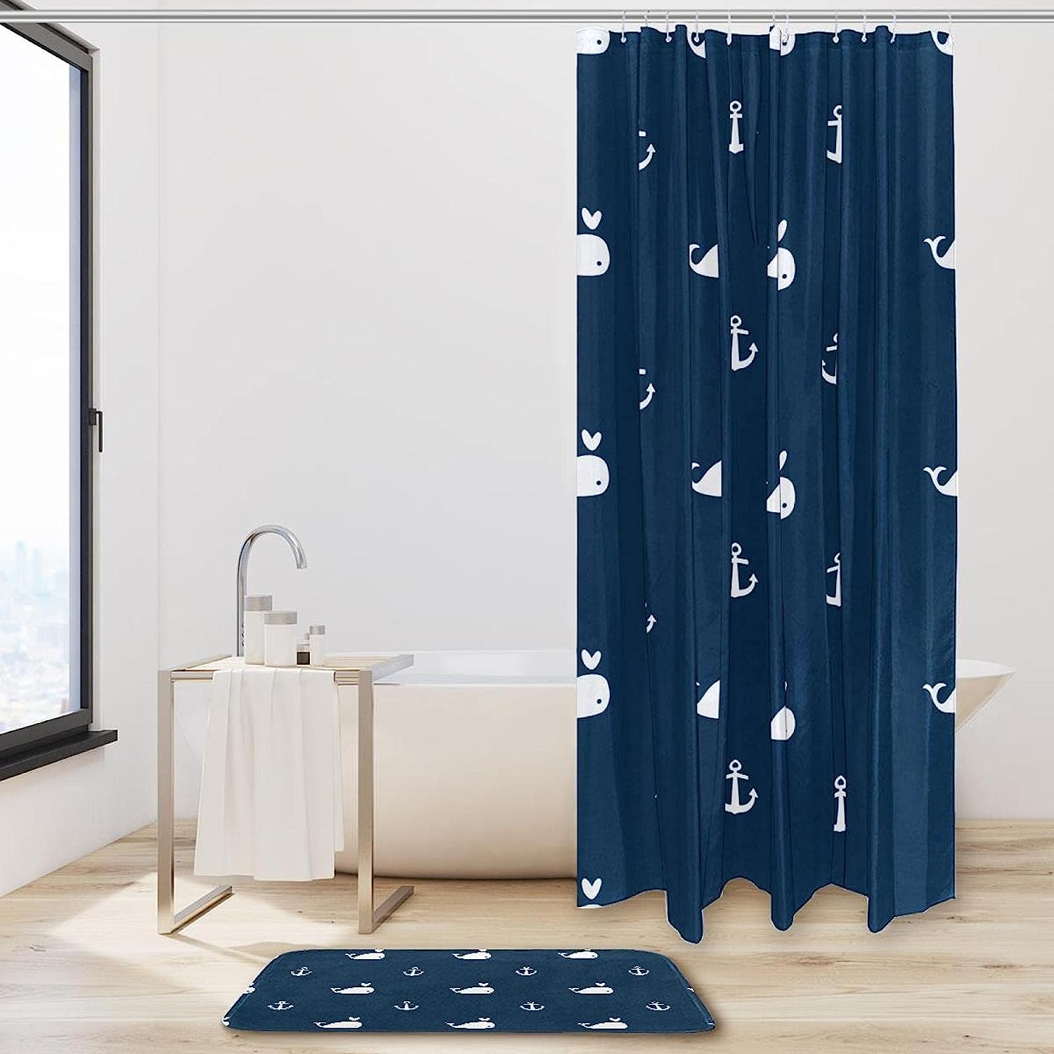 Whales and Anchors Pattern Shower Curtain with Waterproof Fabric for Nautical Bathroom Decor