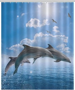 Whales and Dolphins Mixed Media Print Shower Curtain Fabric for Underwater Themed Bathroom Decor