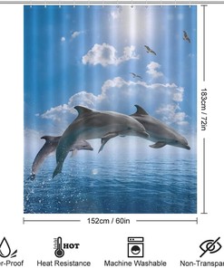 Whales and Dolphins Mixed Media Print Shower Curtain Fabric for Underwater Themed Bathroom Decor