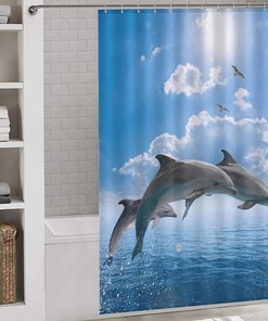 Whales and Dolphins Mixed Media Print Shower Curtain Fabric for Underwater Themed Bathroom Decor