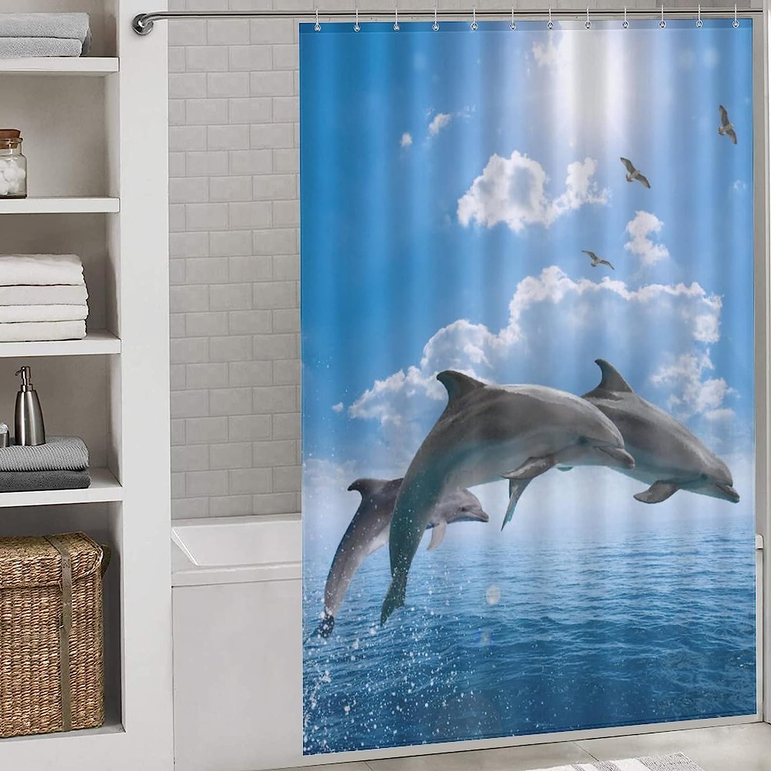 Whales and Dolphins Mixed Media Print Shower Curtain Fabric for Underwater Themed Bathroom Decor