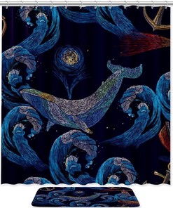 Whales and Lighthouse Boat Shower Curtain with Waterproof Fabric for Coastal Bathroom Decor 