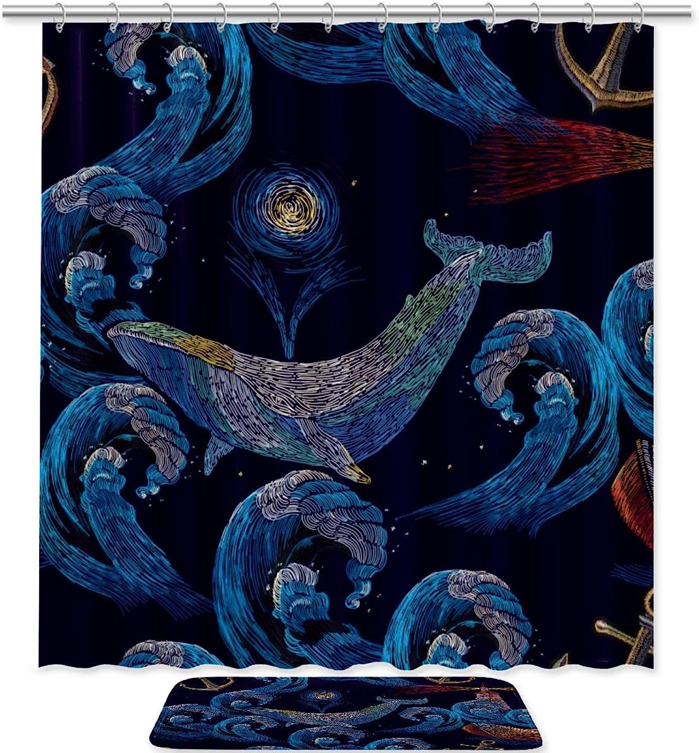 Whales and Lighthouse Boat Shower Curtain with Waterproof Fabric for Coastal Bathroom Decor