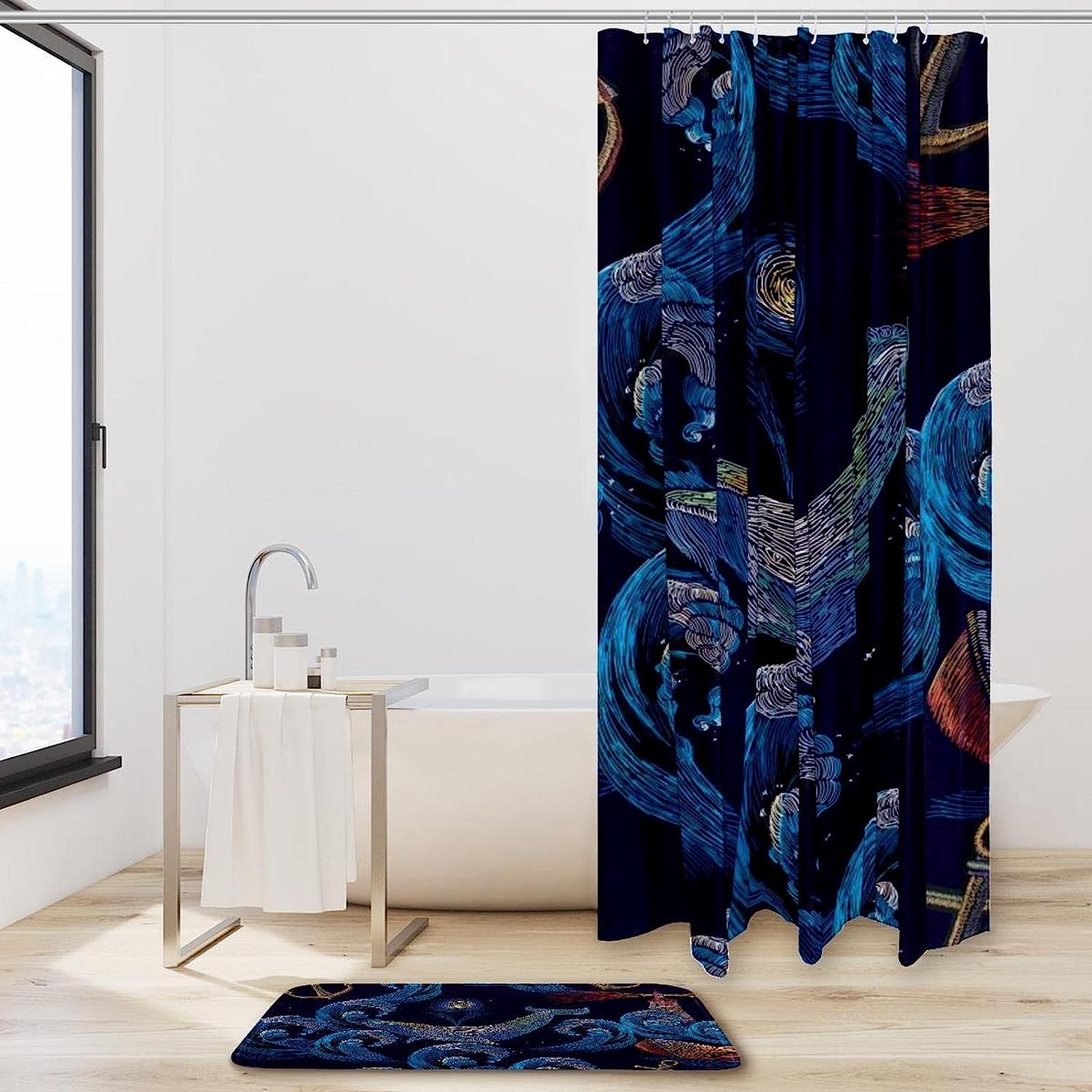 Whales and Lighthouse Boat Shower Curtain with Waterproof Fabric for Coastal Bathroom Decor