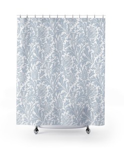 Whimsical Bath Accessory, William Morris Thistle Silver Grey White Floral Print Shower Curtain