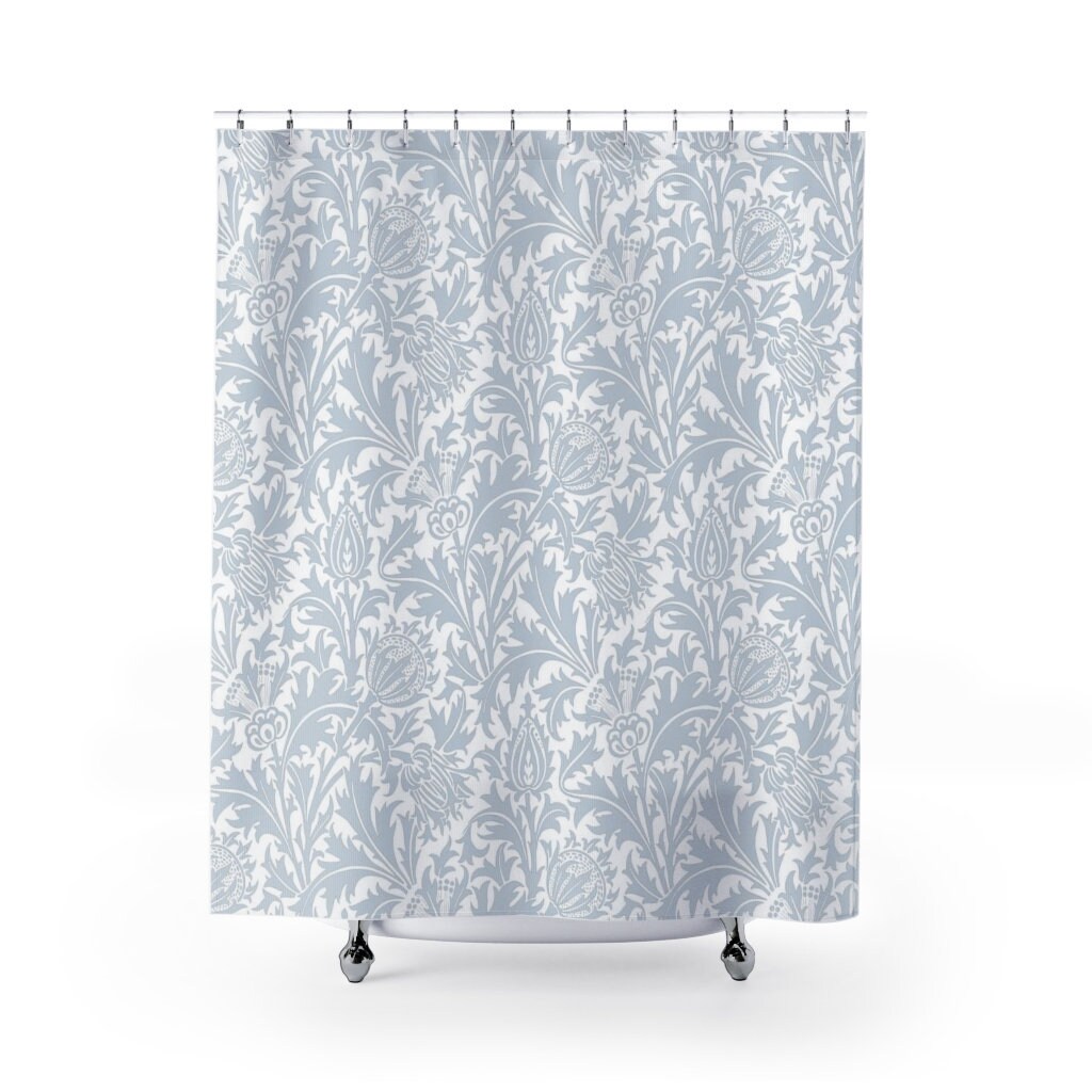 Whimsical Bath Accessory, William Morris Thistle Silver Grey White Floral Print Shower Curtain