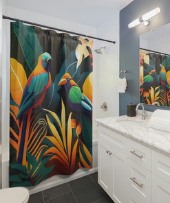 Whimsical Birds Of Paradise Jungle Printed Shower Curtain For Colorful Bathroom Decor