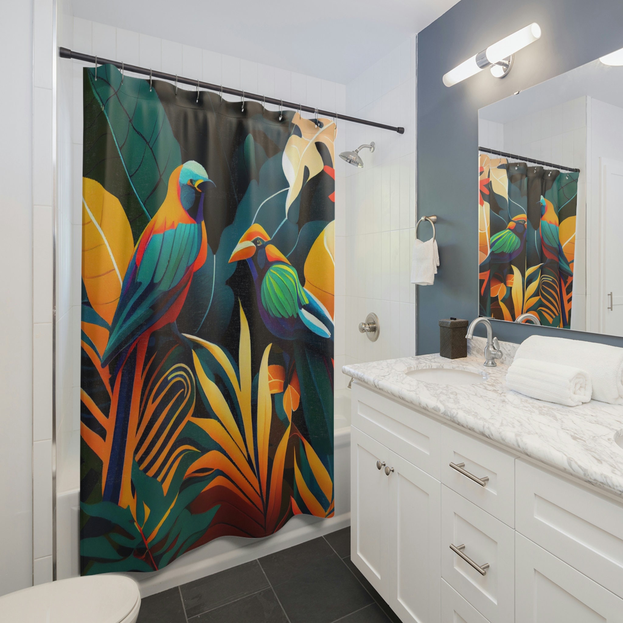 Whimsical Birds Of Paradise Jungle Printed Shower Curtain For Colorful Bathroom Decor