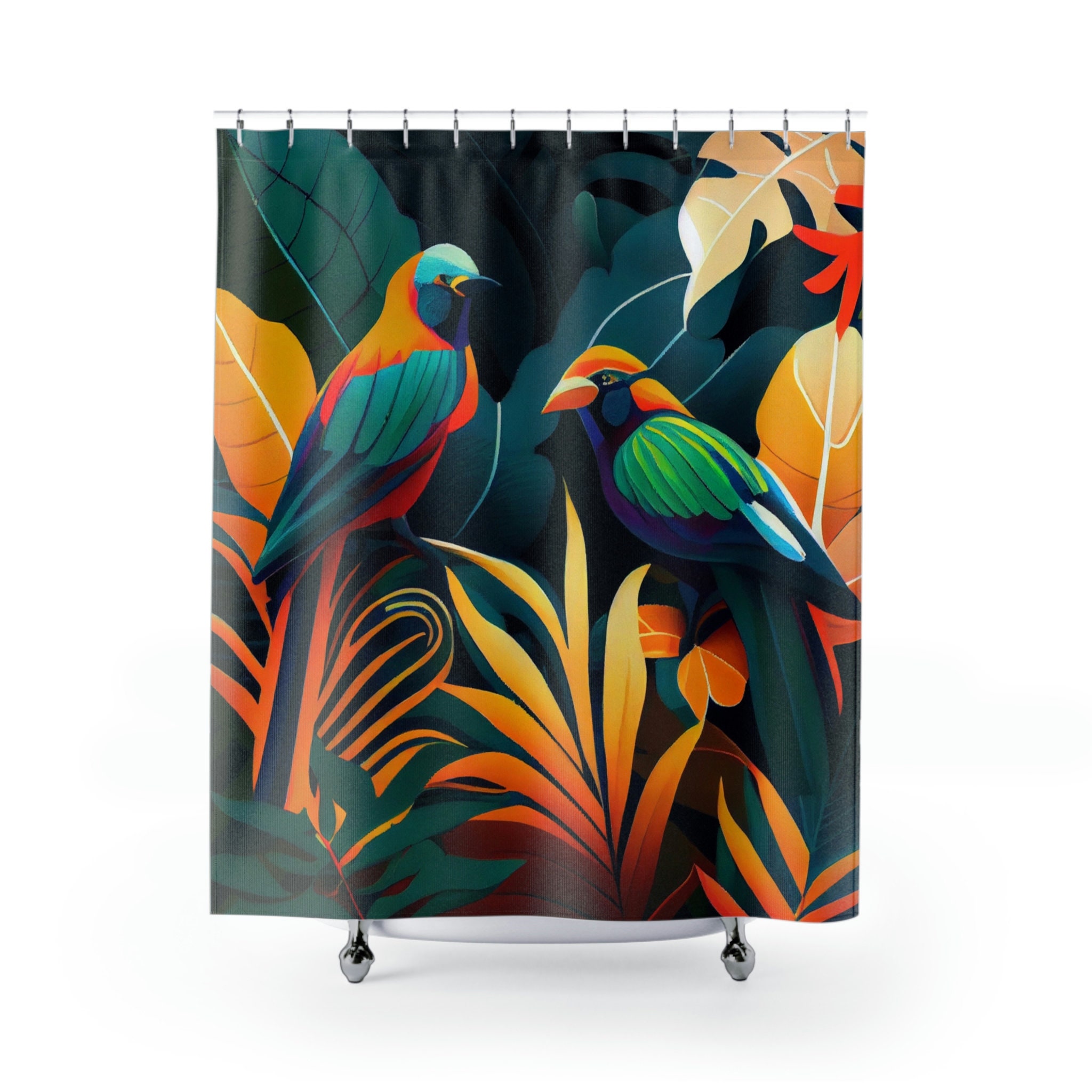 Whimsical Birds Of Paradise Jungle Printed Shower Curtain For Colorful Bathroom Decor - Image 2