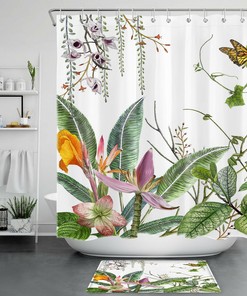 Whimsical Butterfly with Green Leaves and Flowers Shower Curtain for Vibrant Bathroom Decor