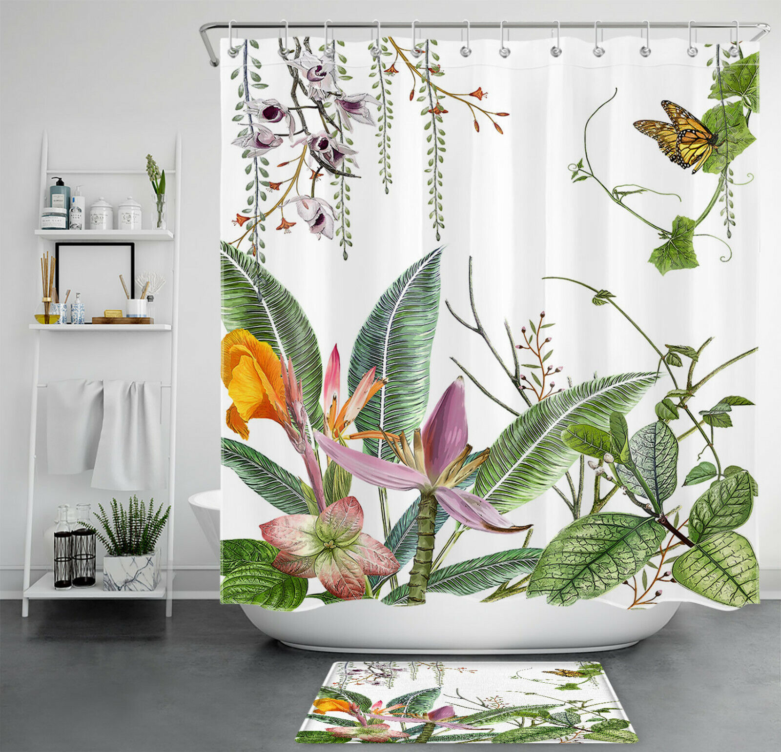 Whimsical Butterfly with Green Leaves and Flowers Shower Curtain for Vibrant Bathroom Decor