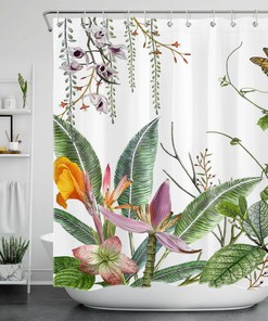 Whimsical Butterfly with Green Leaves and Flowers Shower Curtain for Vibrant Bathroom Decor