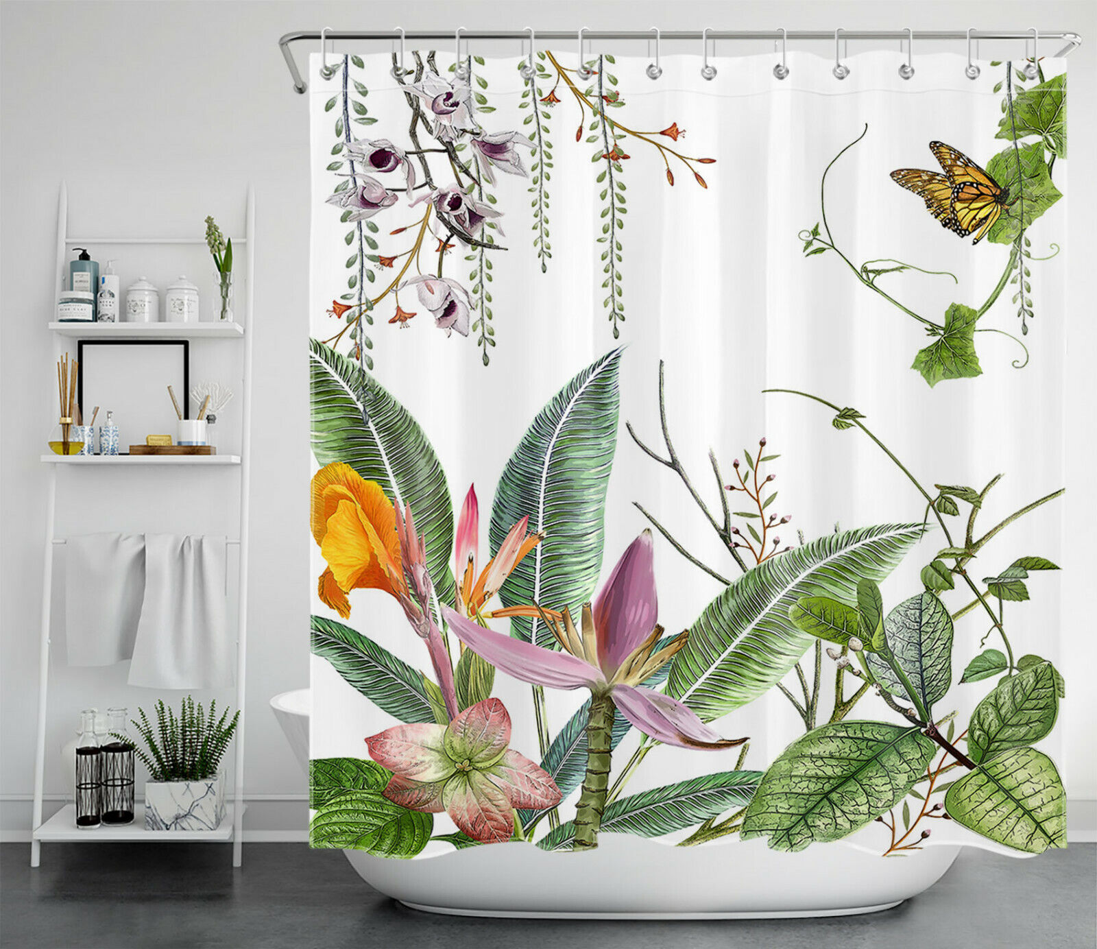 Whimsical Butterfly with Green Leaves and Flowers Shower Curtain for Vibrant Bathroom Decor