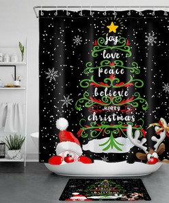 Whimsical Cartoon Santa Elk Abstract Christmas Tree Fabric Shower Curtain For Bathroom Decor