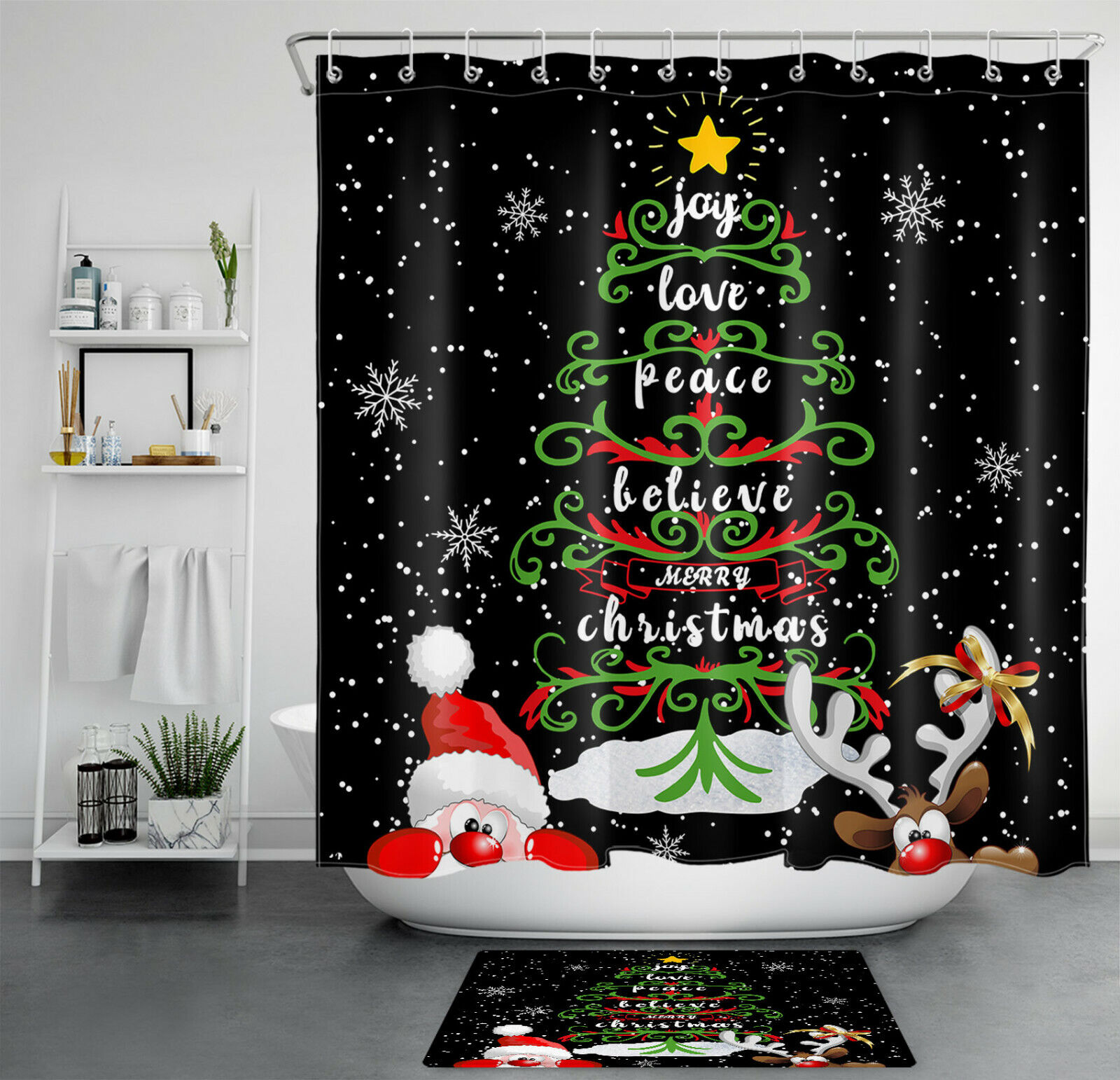 Whimsical Cartoon Santa Elk Abstract Christmas Tree Fabric Shower Curtain For Bathroom Decor